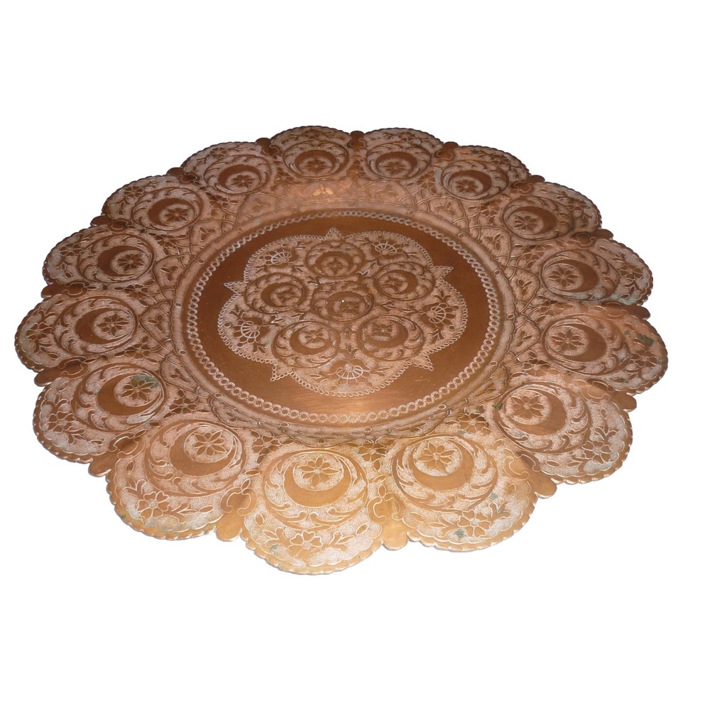 Vintage Hand Hammered Etched Copper‎ Plate Floral Moon Star Scalloped 12 Inch